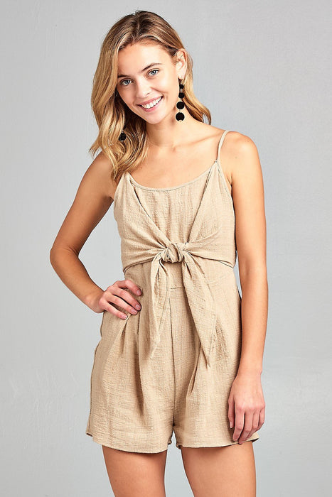 Women's Front Tie Tank Romper with Chic Open Back Detail