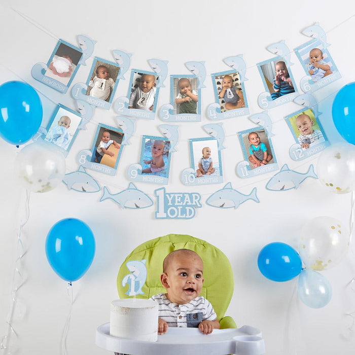 Kate Aspen 1st Birthday Monthly Photo Banner Set - Blue and Gold Glitter Crown Theme - 12 Month Milestone Celebration Decorations