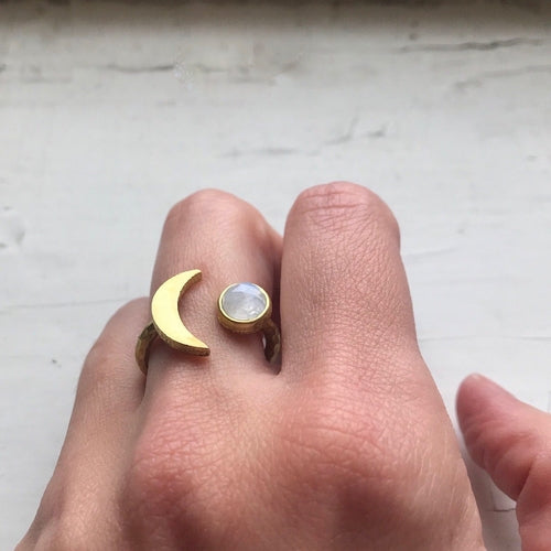 Moon Goddess Ring - Crescent Moon with Rainbow Moonstone