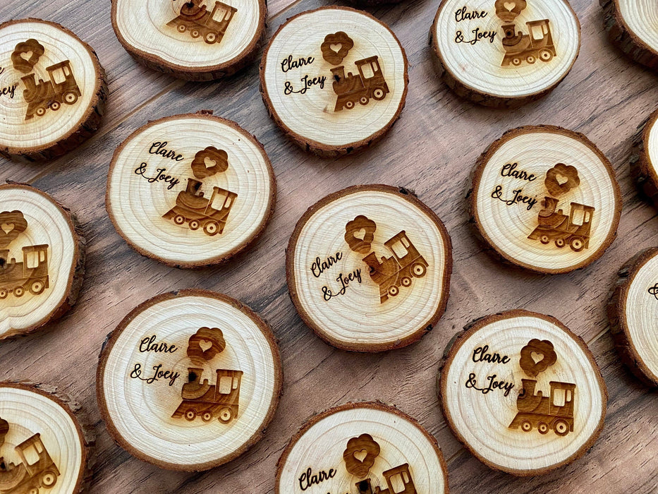 Personalized Wood Slice Birthday Party Favors with Train Design and Magnet Backing