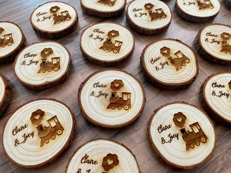 Personalized Wood Slice Birthday Party Favors with Train Design and Magnet Backing