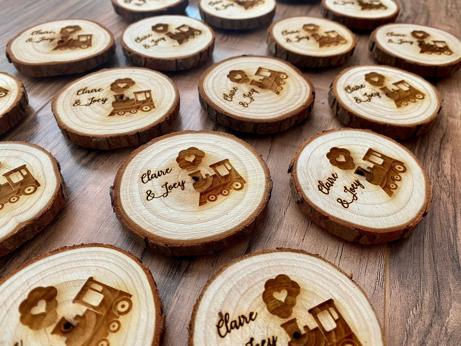 Personalized Wood Slice Birthday Party Favors with Train Design and Magnet Backing