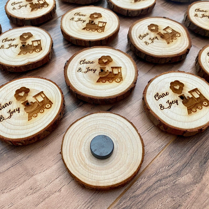 Personalized Wood Slice Birthday Party Favors with Train Design and Magnet Backing