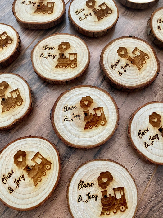 Personalized Wood Slice Birthday Party Favors with Train Design and Magnet Backing