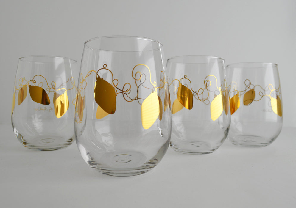 Metallic Gold Retro Christmas Lights Stemless Wine Glasses