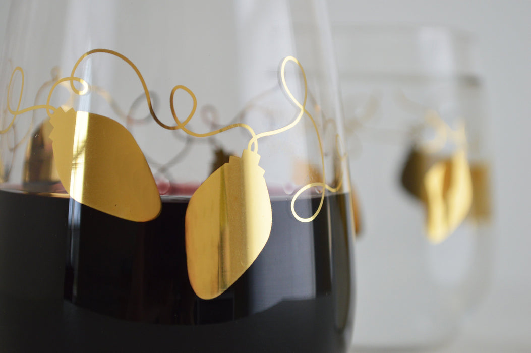 Metallic Gold Retro Christmas Lights Stemless Wine Glasses