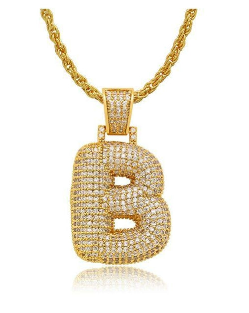 PIPE Gold HH Bubble Letter Necklace with Rope Chain - Hip Hop Bling Master Initial Pendant