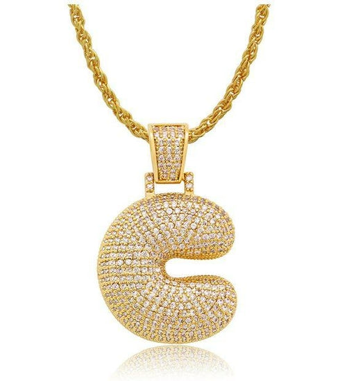 PIPE Gold HH Bubble Letter Necklace with Rope Chain - Hip Hop Bling Master Initial Pendant