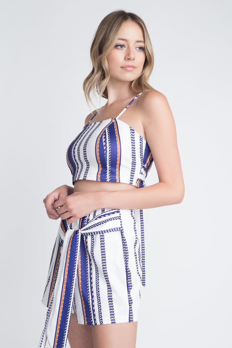 Chic Stripe Printed 2-Piece Set with Front Tie