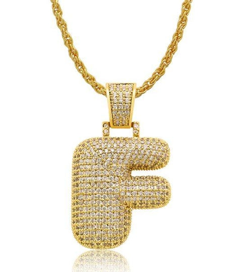 PIPE Gold HH Bubble Letter Necklace with Rope Chain - Hip Hop Bling Master Initial Pendant