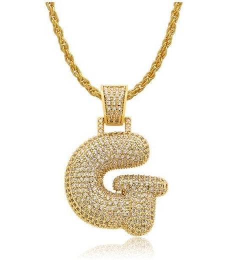 PIPE Gold HH Bubble Letter Necklace with Rope Chain - Hip Hop Bling Master Initial Pendant