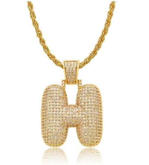 PIPE Gold HH Bubble Letter Necklace with Rope Chain - Hip Hop Bling Master Initial Pendant