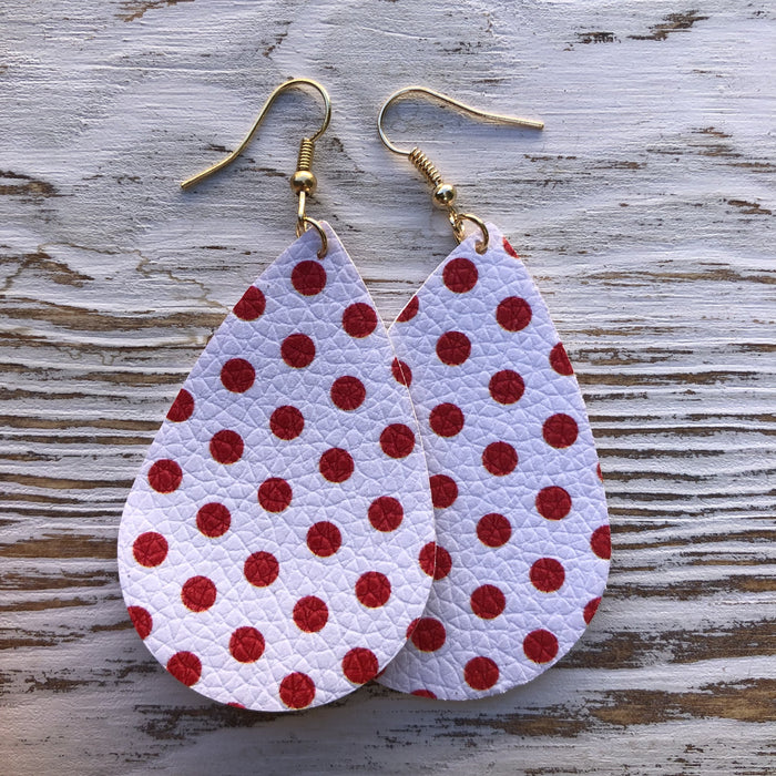 Double-Sided White and Red Polka Dot Leather Earrings