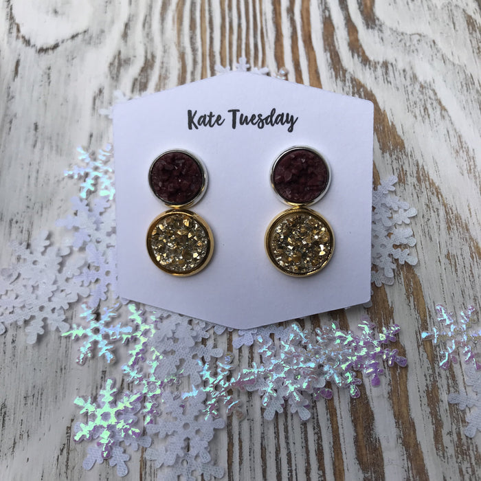 Maroon and Gold Holiday Druzy Earrings Set