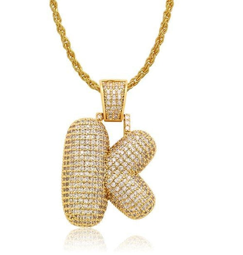 PIPE Gold HH Bubble Letter Necklace with Rope Chain - Hip Hop Bling Master Initial Pendant