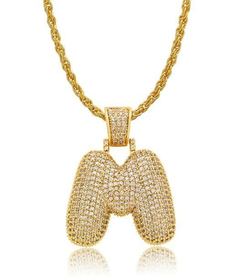 PIPE Gold HH Bubble Letter Necklace with Rope Chain - Hip Hop Bling Master Initial Pendant