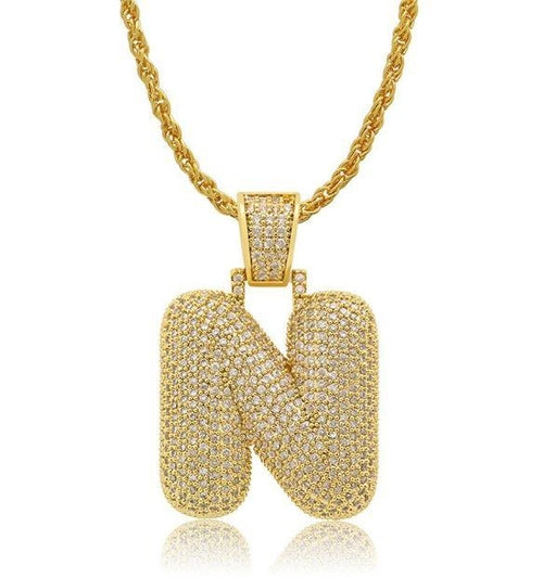 PIPE Gold HH Bubble Letter Necklace with Rope Chain - Hip Hop Bling Master Initial Pendant