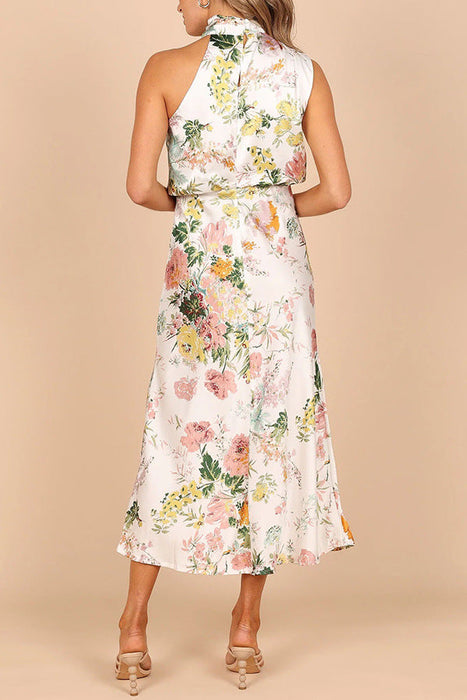 Women's Sleeveless Halter Printed Satin Dress