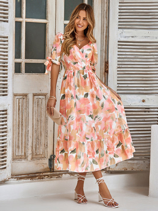 V-neck Floral Print Puff Sleeves Dress - Empire Waist, Mid-Calf Length, Sizes S to XL