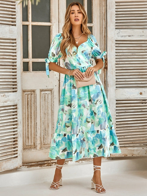 V-neck Floral Print Puff Sleeves Dress - Empire Waist, Mid-Calf Length, Sizes S to XL