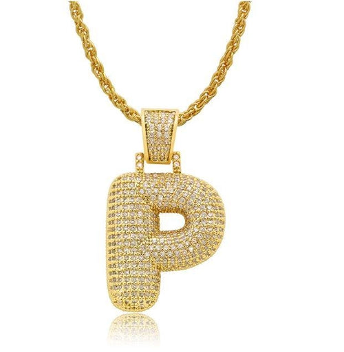 PIPE Gold HH Bubble Letter Necklace with Rope Chain - Hip Hop Bling Master Initial Pendant