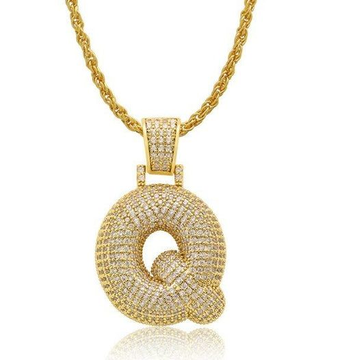 PIPE Gold HH Bubble Letter Necklace with Rope Chain - Hip Hop Bling Master Initial Pendant