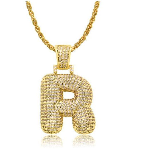 PIPE Gold HH Bubble Letter Necklace with Rope Chain - Hip Hop Bling Master Initial Pendant