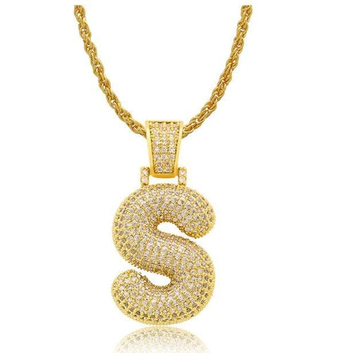 PIPE Gold HH Bubble Letter Necklace with Rope Chain - Hip Hop Bling Master Initial Pendant