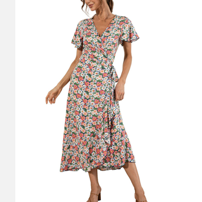 Women's V Neck Maxi Dress with Daisy Print