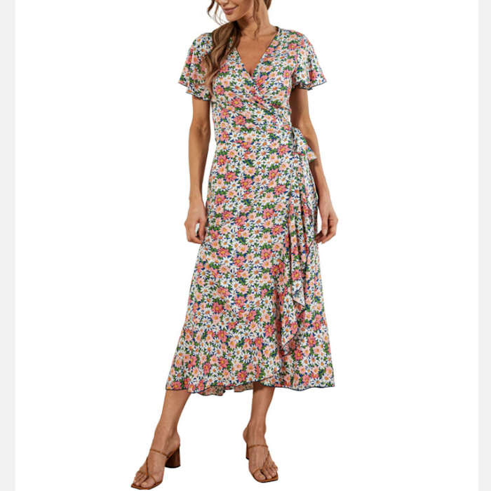 Women's V Neck Maxi Dress with Daisy Print