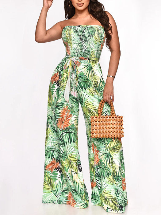 Women's Tropical Printed Off-Shoulder Bandeau Jumpsuit - Loose Tube Style, Sizes S to 2XL