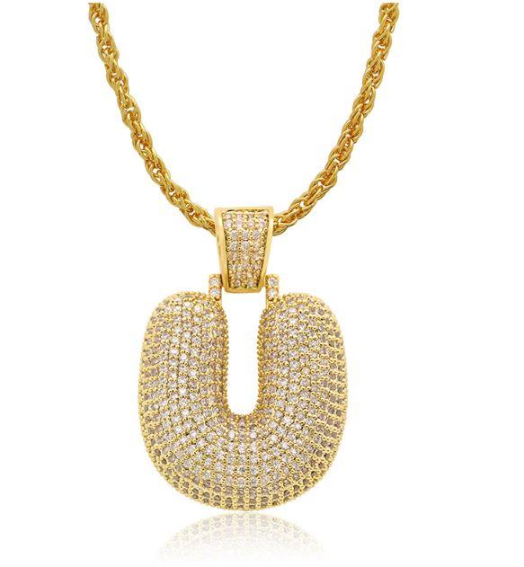 PIPE Gold HH Bubble Letter Necklace with Rope Chain - Hip Hop Bling Master Initial Pendant