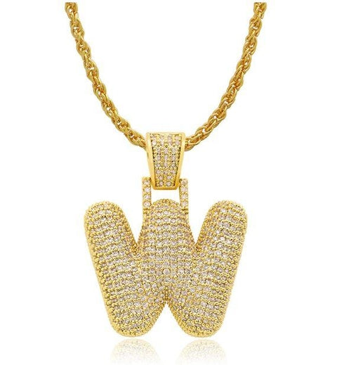 PIPE Gold HH Bubble Letter Necklace with Rope Chain - Hip Hop Bling Master Initial Pendant