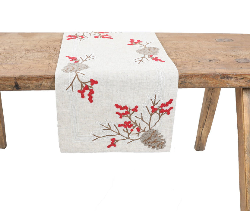 XD19811-Christmas Pine Cone Crewel Embroidered Table Runner