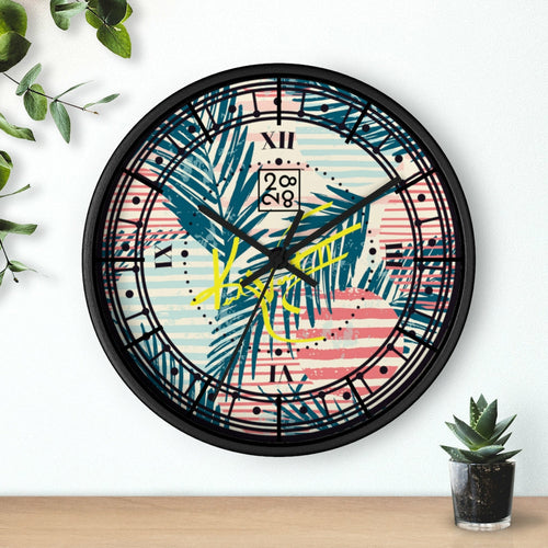 Tropical Palms Stripe Dot Wooden Clock by 2882Time™