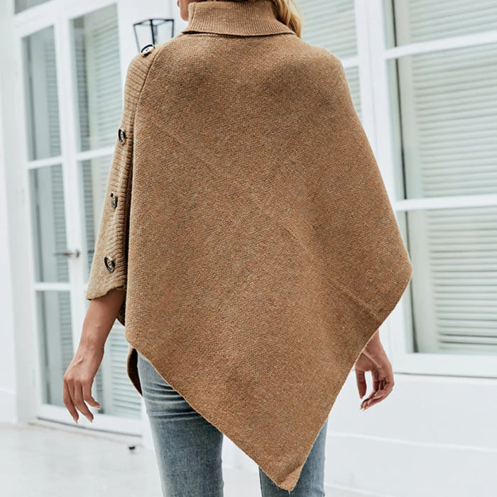 Women's Turtleneck Poncho With Side Buttons Details