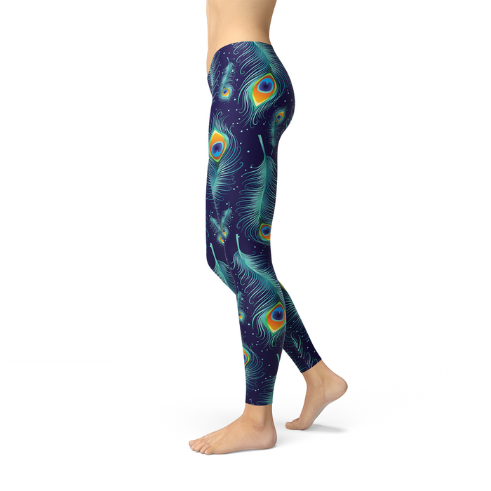 Women's Full-Length Peacock Feather Print Leggings - Beauty and Comfort Combined