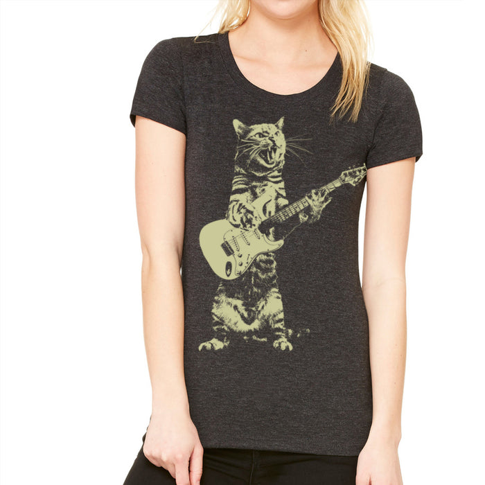 Cat Playing Guitar Print Shirt for Women