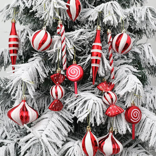 14 Pcs/Box Red Candy Cane Christmas Ball Ornaments