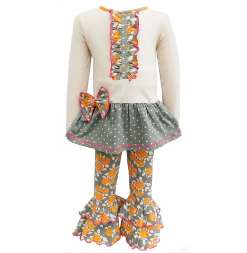 AnnLoren Girls Vintage Floral Polka Dots Tunic & Ruffle Pant Set